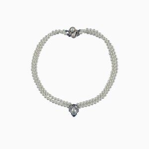 Vtg Double-Strand Pearl Necklace Choker Rhinestone Pendant Victorian Edwardian